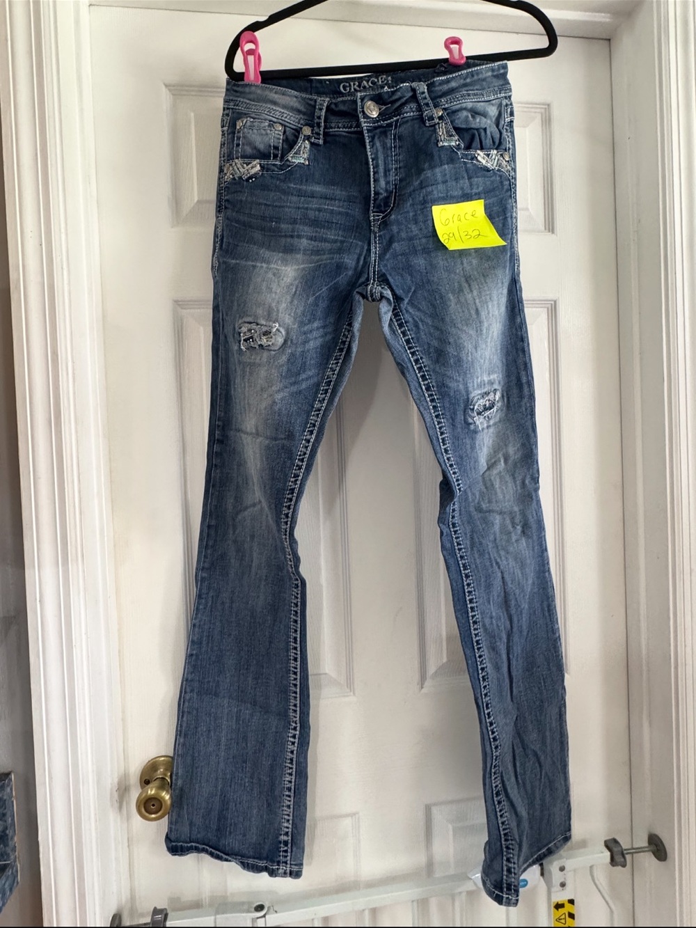 Grace in LA Women's Faded Distressed Bootcut Jeans - Blue